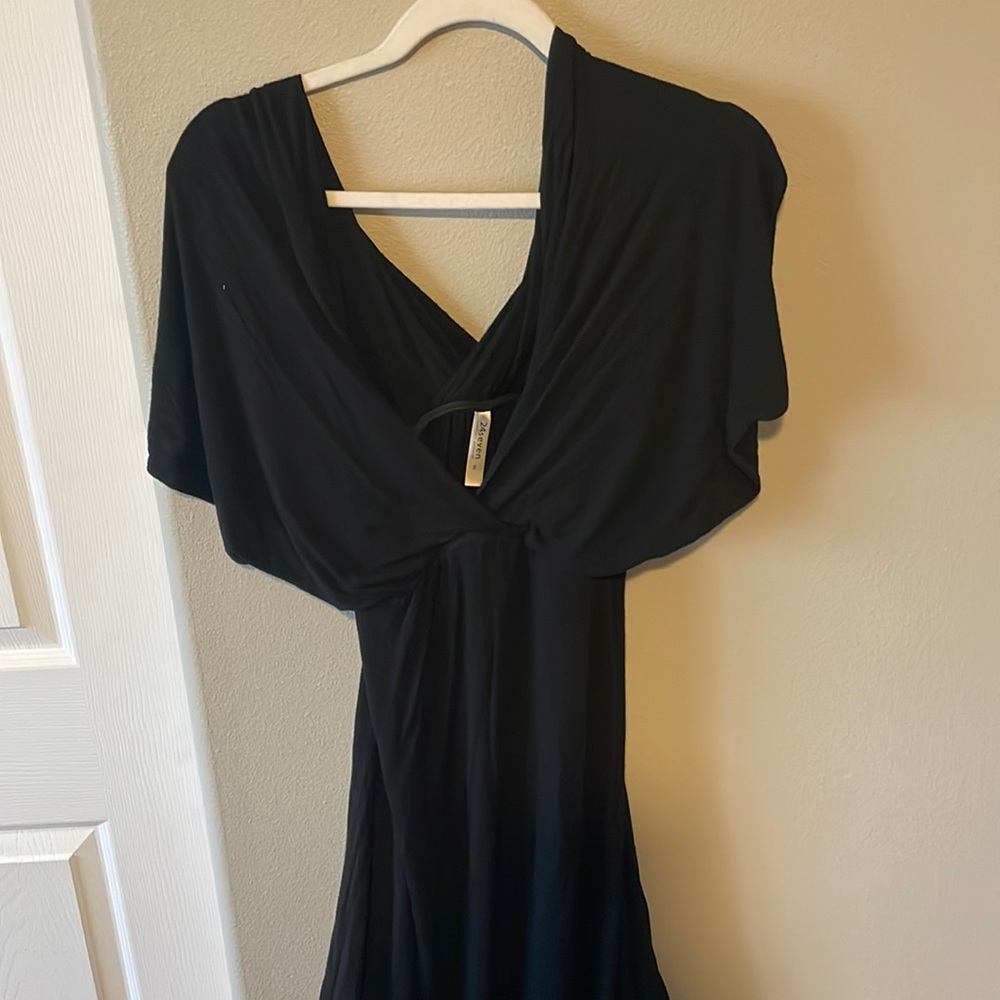 Long Black Knit Dress with v-neck plunge neck line